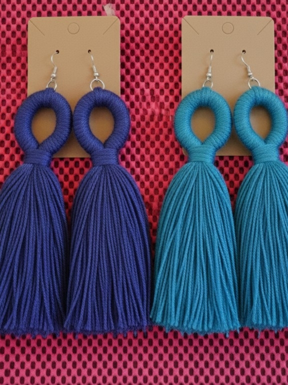 Handmade Tassel Loop Earrings - Teal and Deep Blue